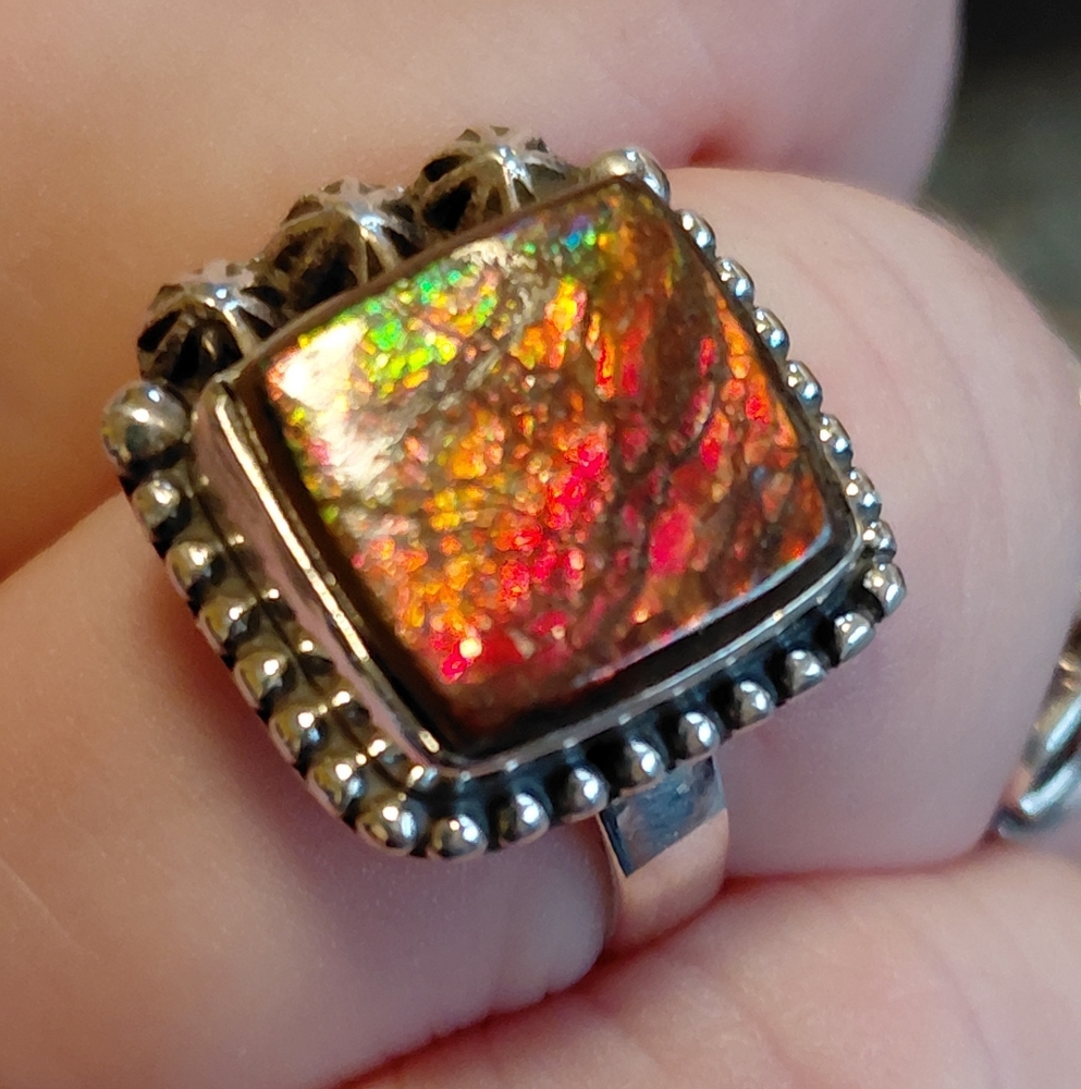 Fiery Ammolite Sterling Silver Ring Size 6 - Picture 7 of 13